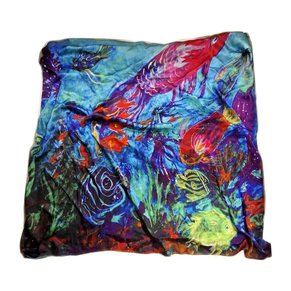100% Silk Large Scarf Square Ocean Fish Art Nina J Designs Hip Wrap Waist Wrap